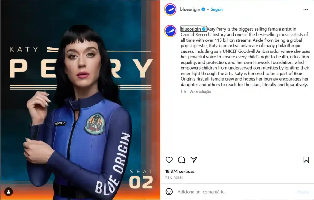 Katy Perry Faz História em Missão Espacial 100% Feminina da Blue Origin 4 imagem do instagram da blueorigin