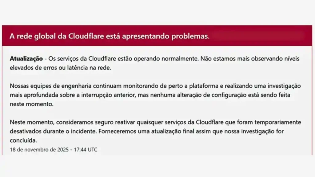 Falha Global na Cloudflare Derruba Sites no Brasil e no Mundo e Afeta Serviços Essenciais Nesta Terça-Feira (18) 4 Serviços afetados no Brasil e no exterior